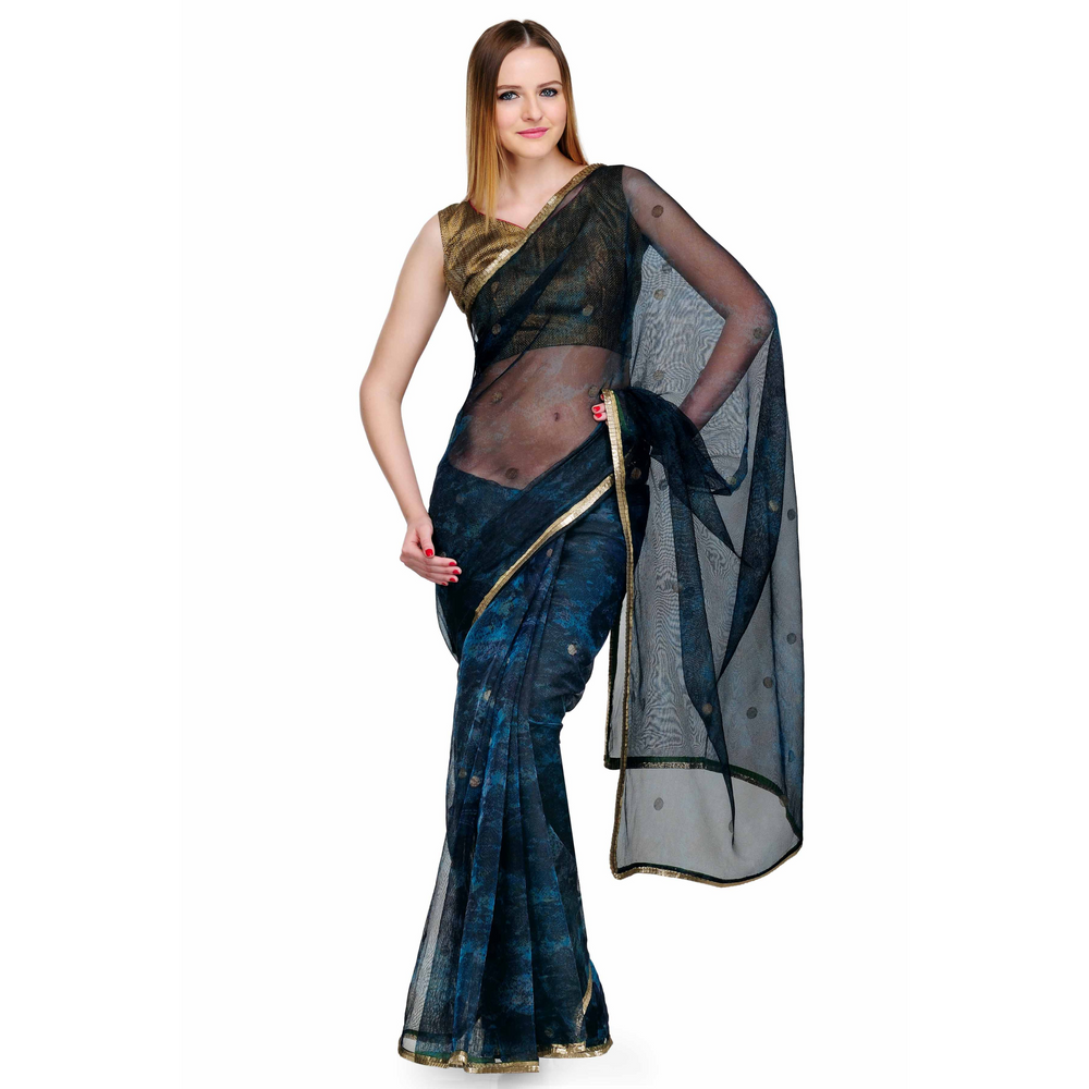 Midnight Blue Printed Net Saree with Blouse Piece