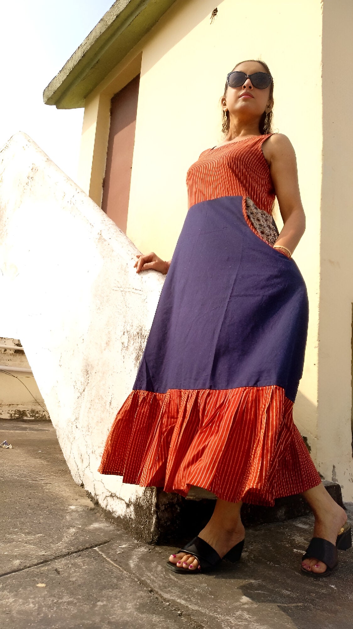 
                  
                    ZARANJ- Slim fit, Sleeveless One-Piece Free Flow Frilled A Line Dress with side pockets and round Neck
                  
                