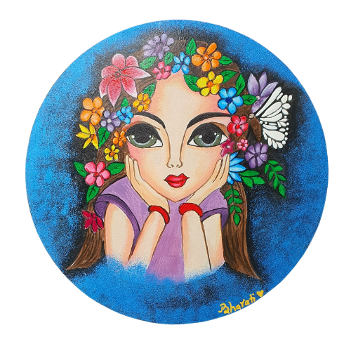 
                  
                    Purple Big Eye Girl with Flowers and Butterflies Painting
                  
                