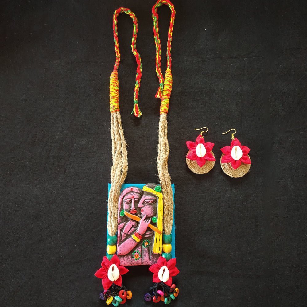 Radha Krishna Clay & Fabric Base Jewellery Set - Kreate- Jewellery Sets