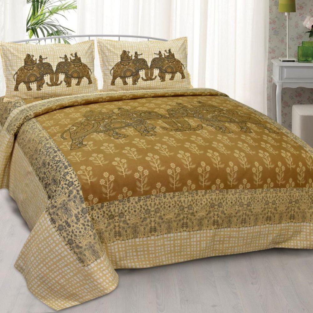 Rajasthani Jaipuri Traditional Sanganeri Print King Size Bedsheet with Pillow Covers - Kreate- Bedding