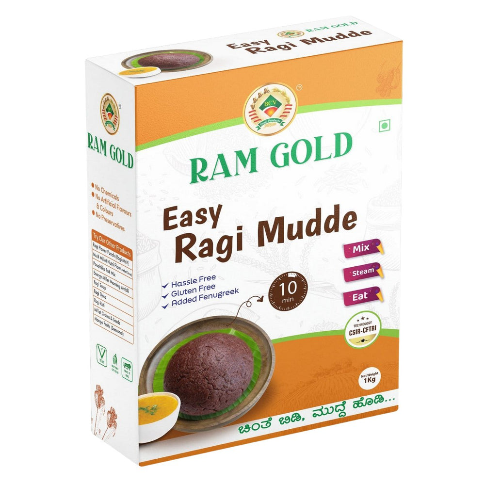 Ram Gold EASY RAGI MUDDE - Just Mix-Steam-Eat / Added Fenugreek / Gluten-Free Millet Dumplings (500g) - Kreate- Ready To Eat