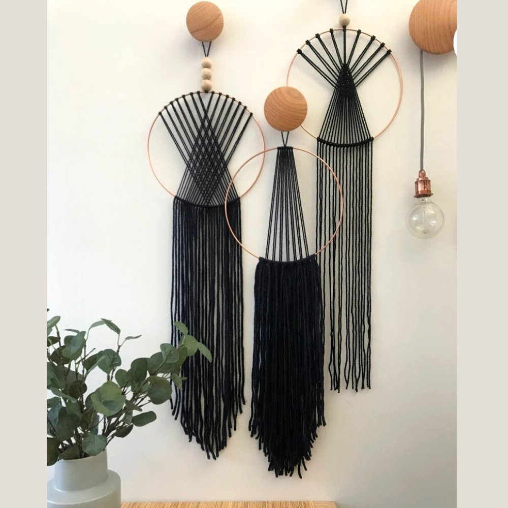 Ras Handmade Macrame Black Wall Hanging (Set of 3) - Kreate- Wall Decor