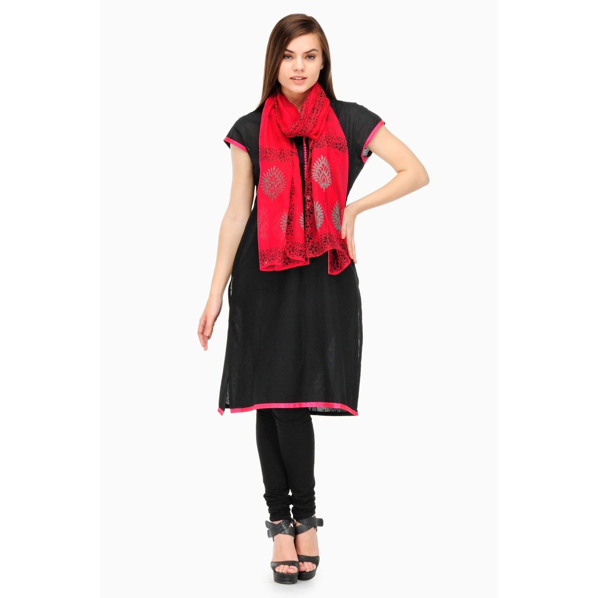 Red Block Print Cotton Silk Stole - Kreate- Dupatta & Shawls