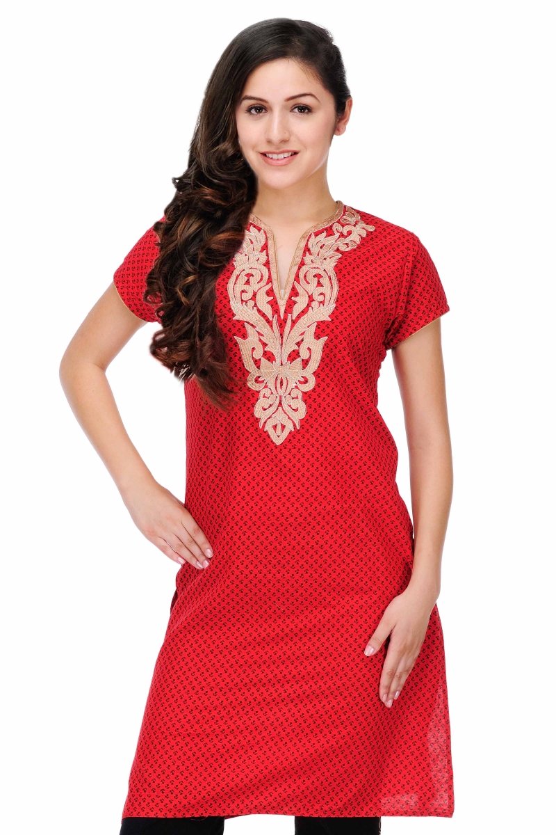 Red Cotton Embroidery Kurta - Kreate- Kurtis & Salwar Suits