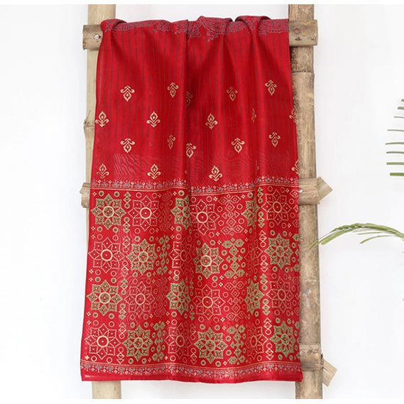 Red Cotton Silk Block Print Stole - Kreate- Dupatta & Shawls