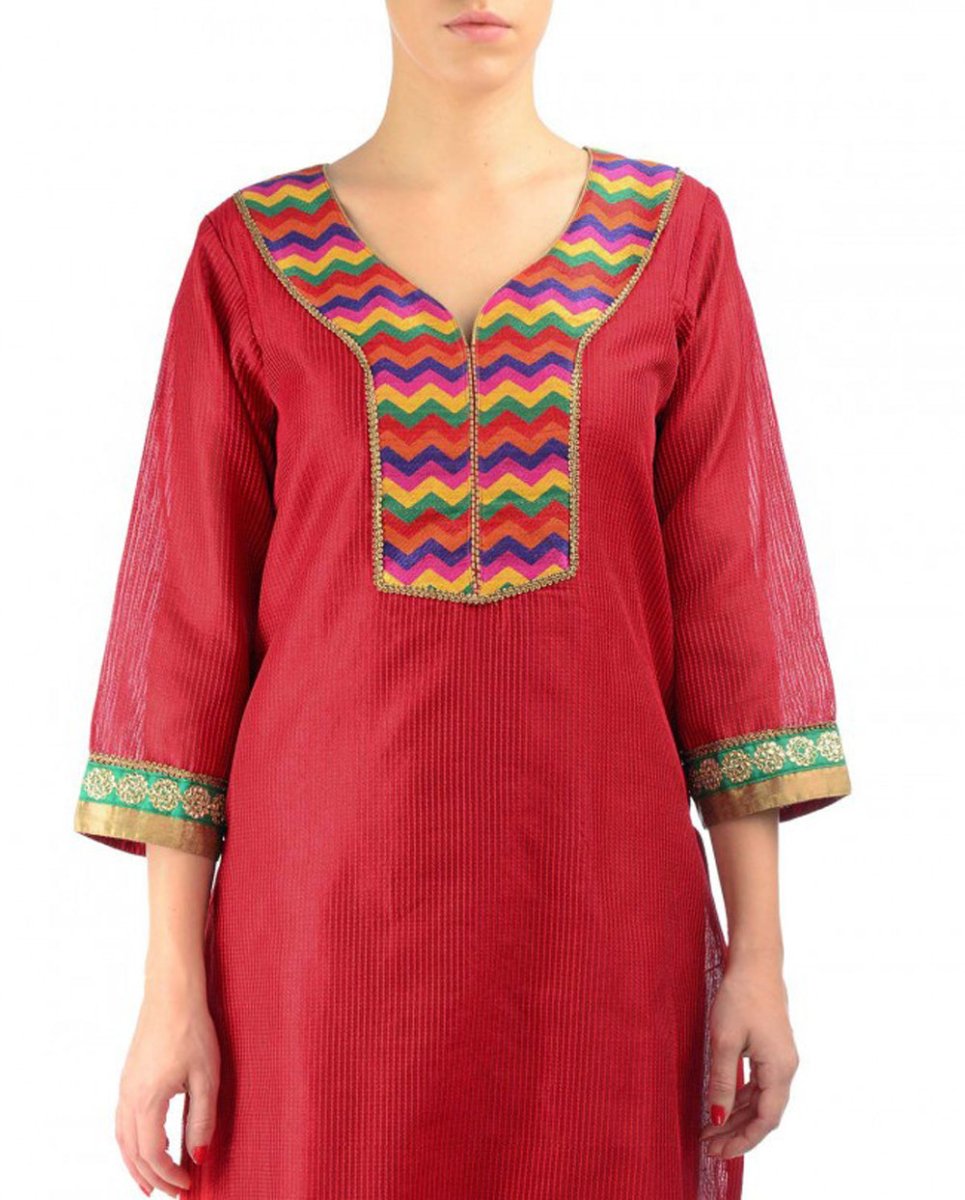 Red Cotton Silk Kurta - Kreate- Kurtis & Salwar Suits