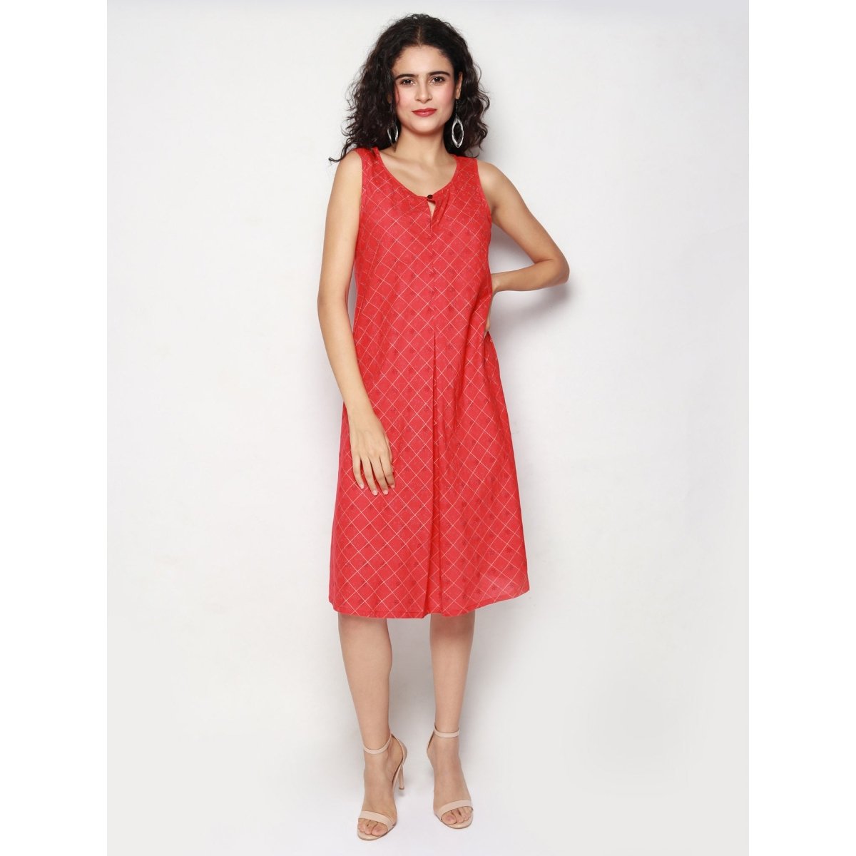 Red Golden checks Block Print Dress - Kreate- Dresses & jumpsuits