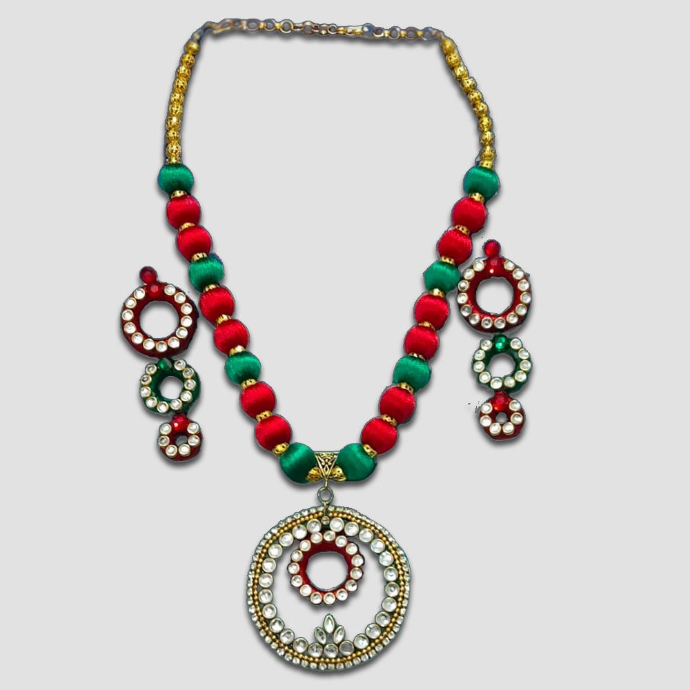 Red & Green Silk Thread Combination Jewellery Set - Kreate- Jewellery Sets