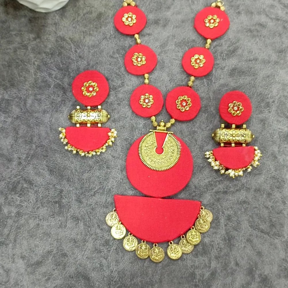 Red Handmade Fabric Jewellery Set - Kreate- Jewellery Sets