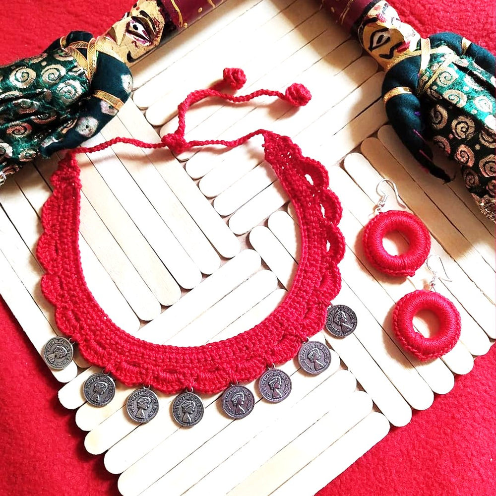 Red Neckpiece with Earrings - Kreate- Jewellery Sets