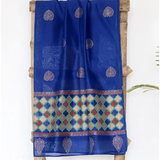 Royal Blue Cotton Silk Block Print Stole - Kreate- Dupatta & Shawls