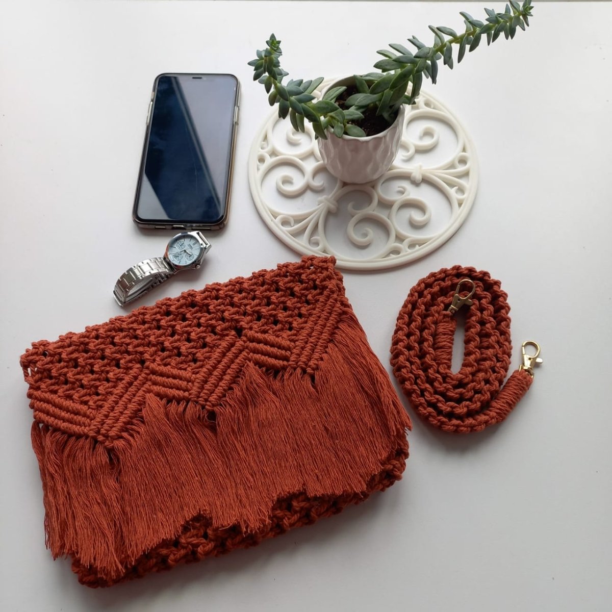 Rust Colour Macrame Sling Bag - Kreate- Sling Bags