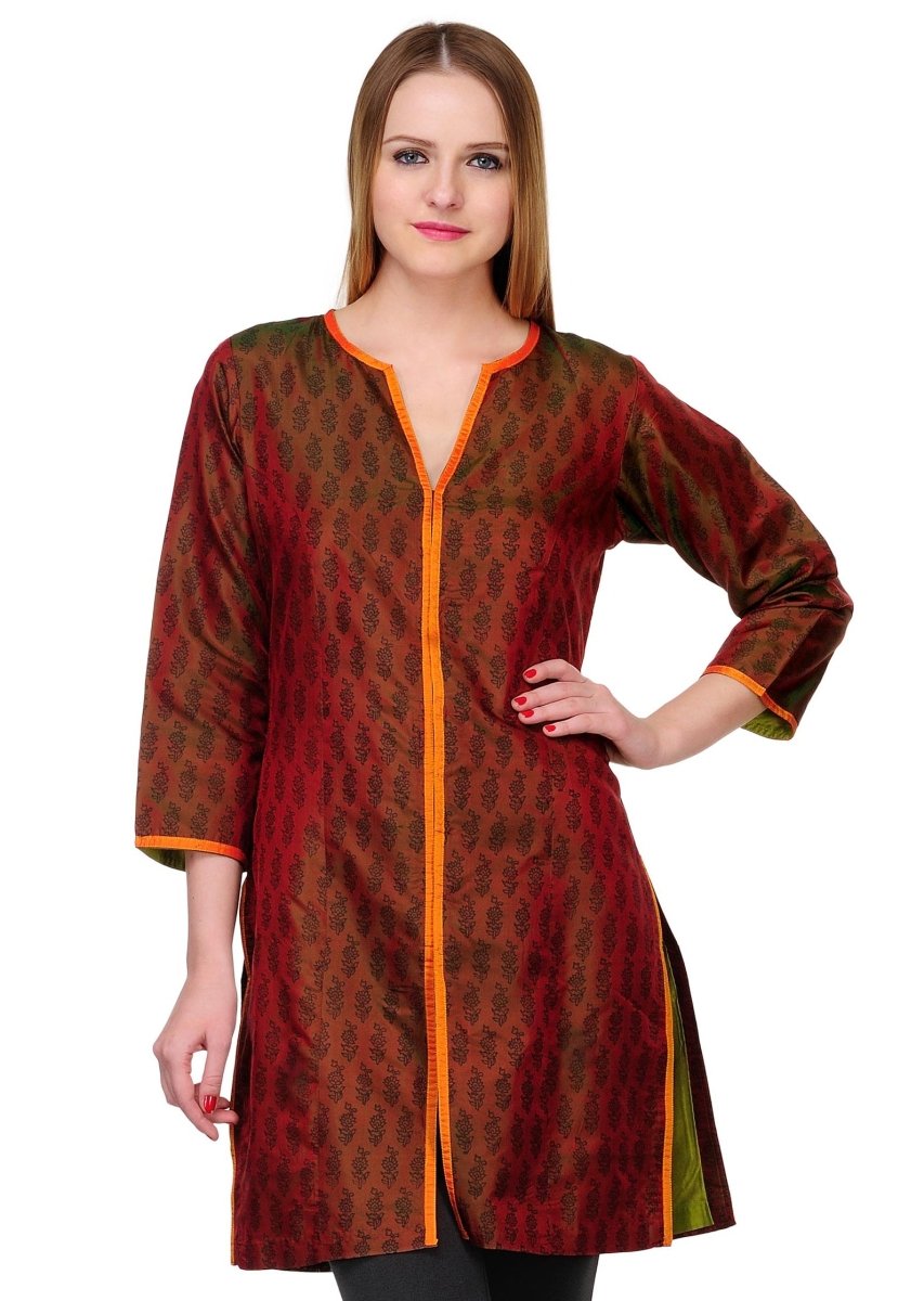 Rust Orange shaded Silk Block Print Tunic - Kreate- Kurtis & Salwar Suits