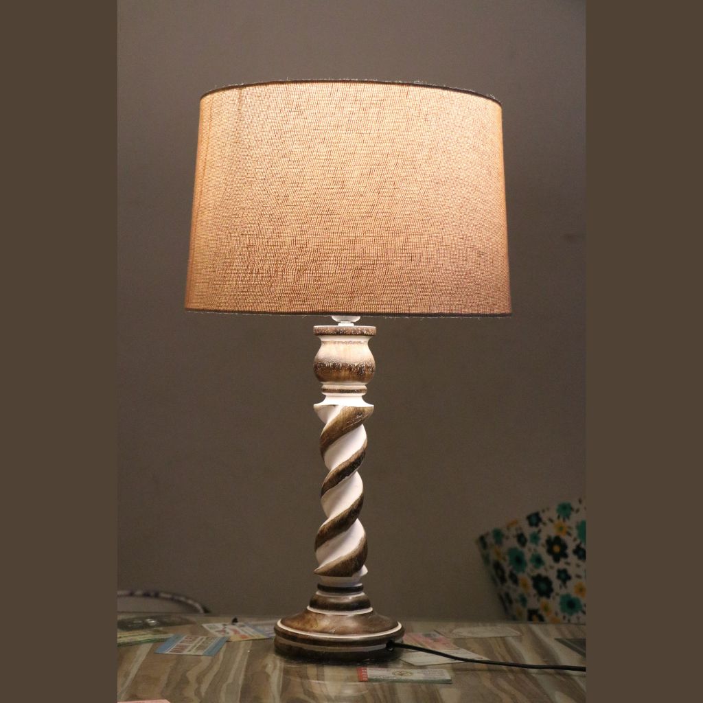 Rustic Handcarved Off-White Table Lamp - Kreate- Lamps