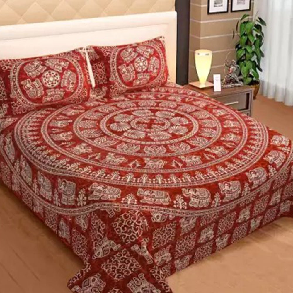 Sanganeri Printed Cotton King Size Double Bedsheet with 2 Pillow Covers - Kreate- Bedding