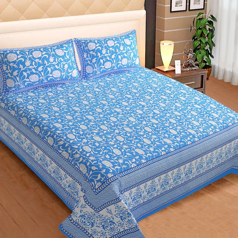 Sanganeri Printed Cotton King Size Double Bedsheet With 2 Pillow Covers - Kreate- Bedding