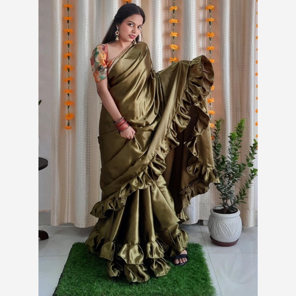 Satin Ruffle Saree - Kreate- Sarees & Blouses