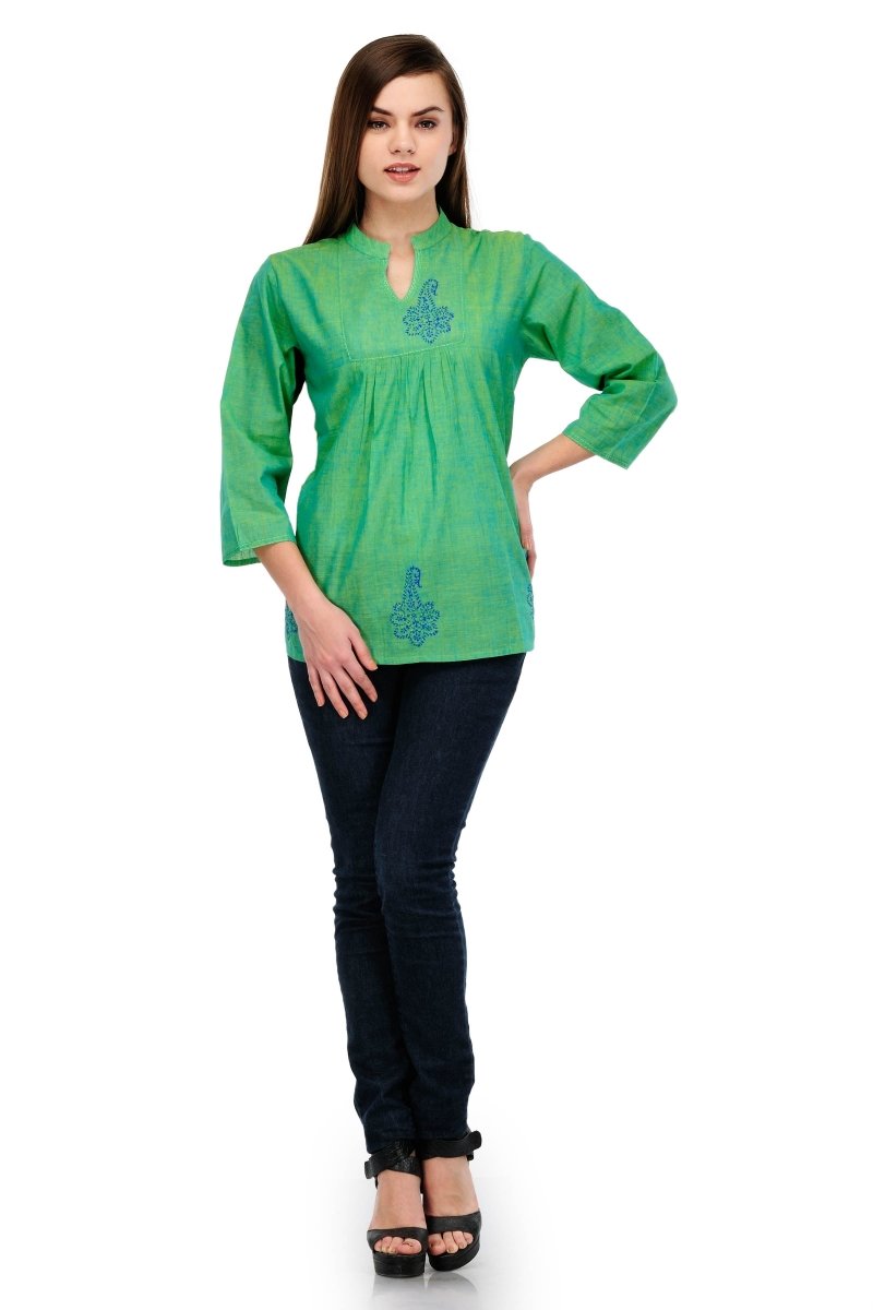 Sea-green Cotton Block Printed Top - Kreate- Kurtis & Salwar Suits