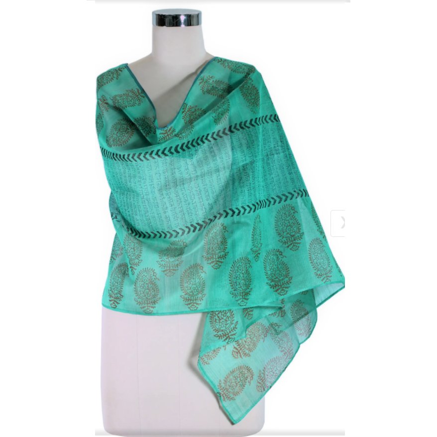 Seagreen Block Print Cotton Silk Stole - Kreate- Dupatta & Shawls