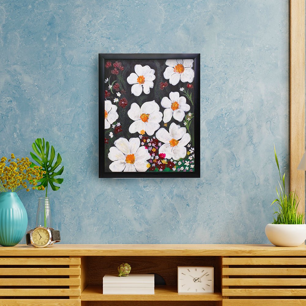 Shiny White Florals Acrylic Painting - Kreate- Painting