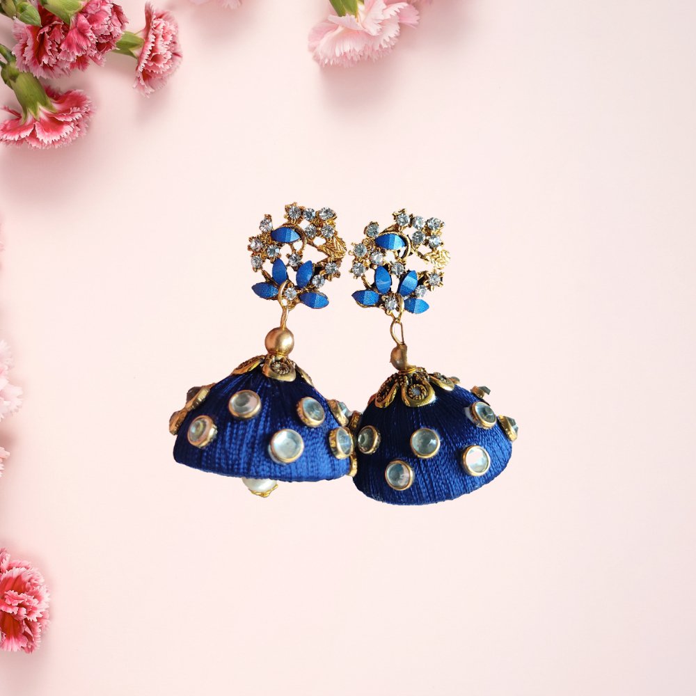 Silk Thread Jhumkas With Zirconia Stud - Kreate- Earrings