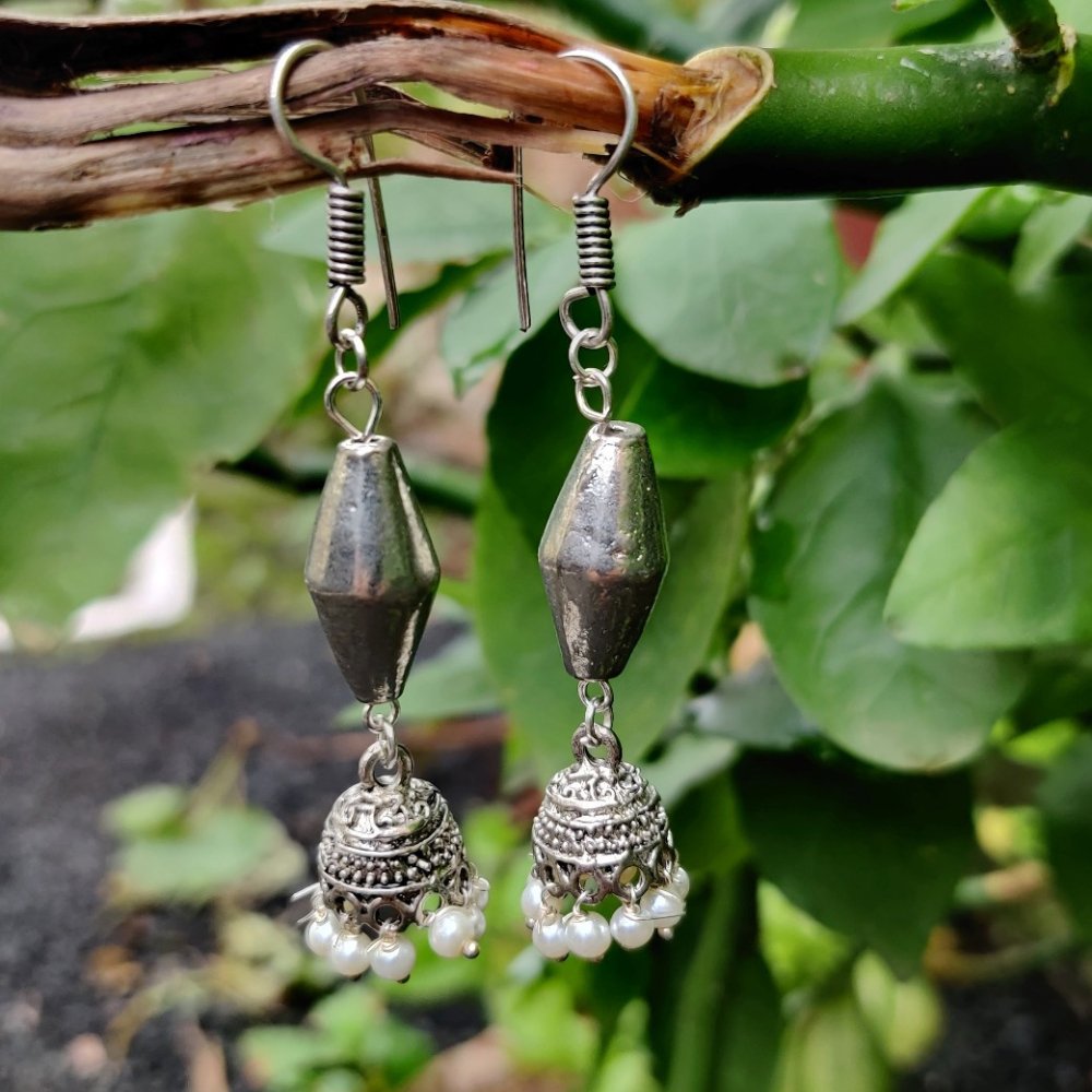 Silver Dholki Beads Jhumka - Kreate- Earrings