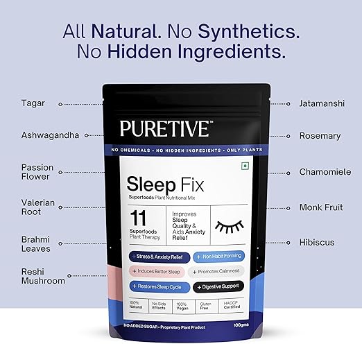 
                  
                    PURETIVE I Sleep Fix Plant Nutritional Mix | 100% Plant Based for Improved Sleep Quality | Prevents Stress, Indigestion & Hormone imbalance I Non-habit forming I 100gms
                  
                