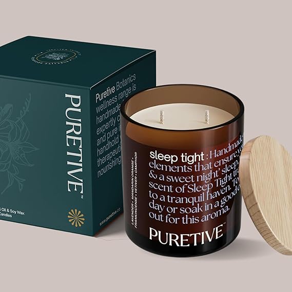 PURETIVE I Sleep Tight Scented Plant Therapy Candle I Lavender, Vetivier, Cedarwood & Orange I 100% Soy Wax & Essesntial Oil I Luxury Gifting I 2 Wick Candle I Large I Upto 35 hrs Burn time