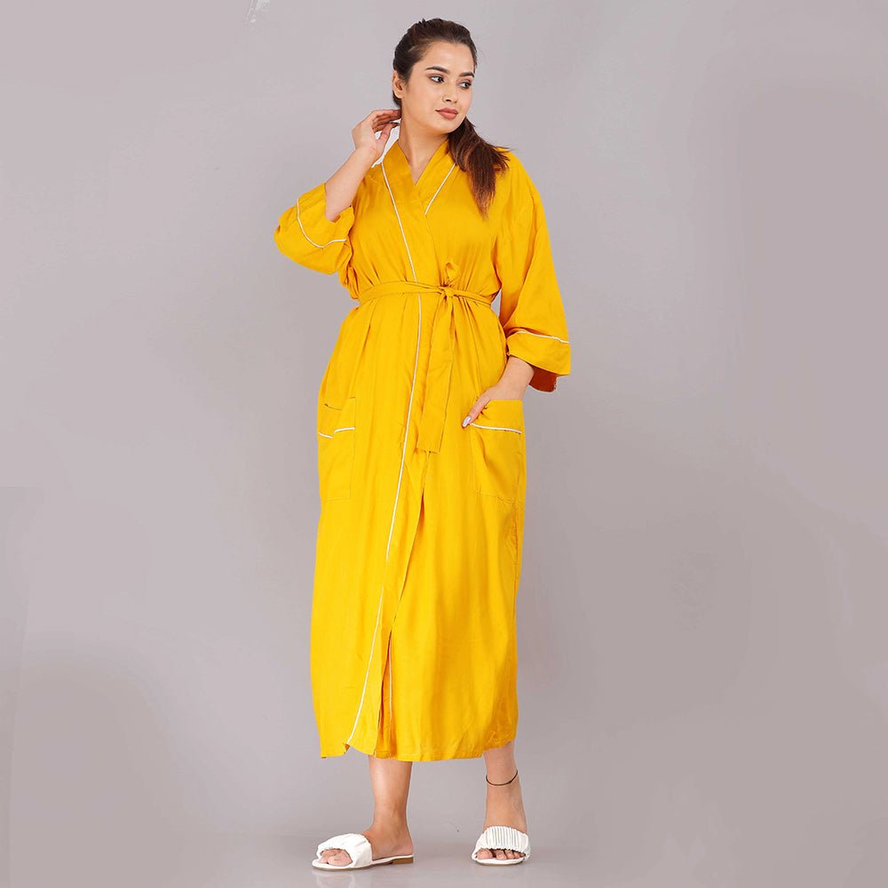 Solid Pattern Kimono Robe Long Bathrobe For Women (Mustard) - Kreate- Nightwear
