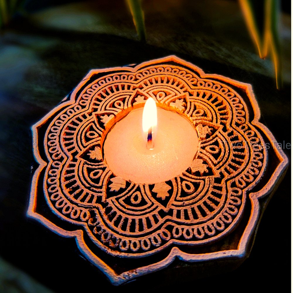 Sparkling Mandala Wooden Handblock Candle Holder - Kreate- Candles & Holders