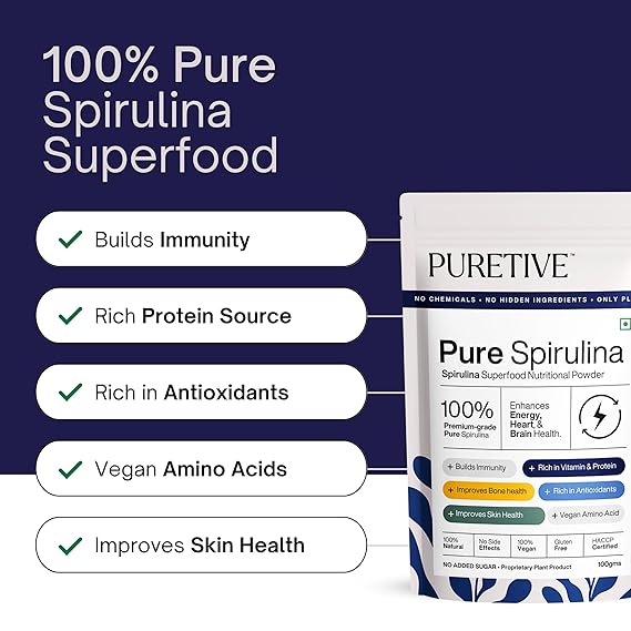 
                  
                    PURETIVE Spirulina Powder Plant Therapy Nutritional Mix | 100% Plant Based Natural source of Protein & Vitamins | Prevents lethargy, low immunity, overall health & Indigestion
                  
                