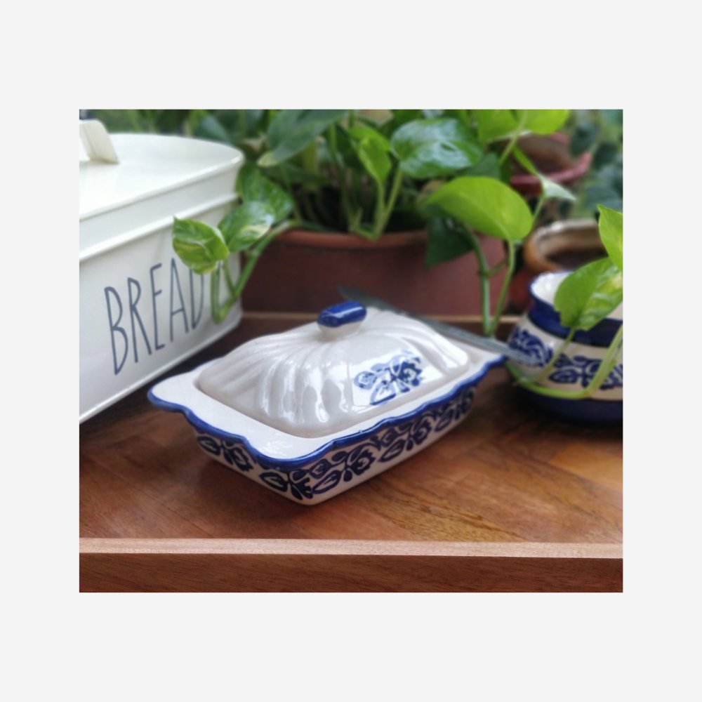 Stoneware Ceramic White and Blue Butter Pot - Kreate- Serveware