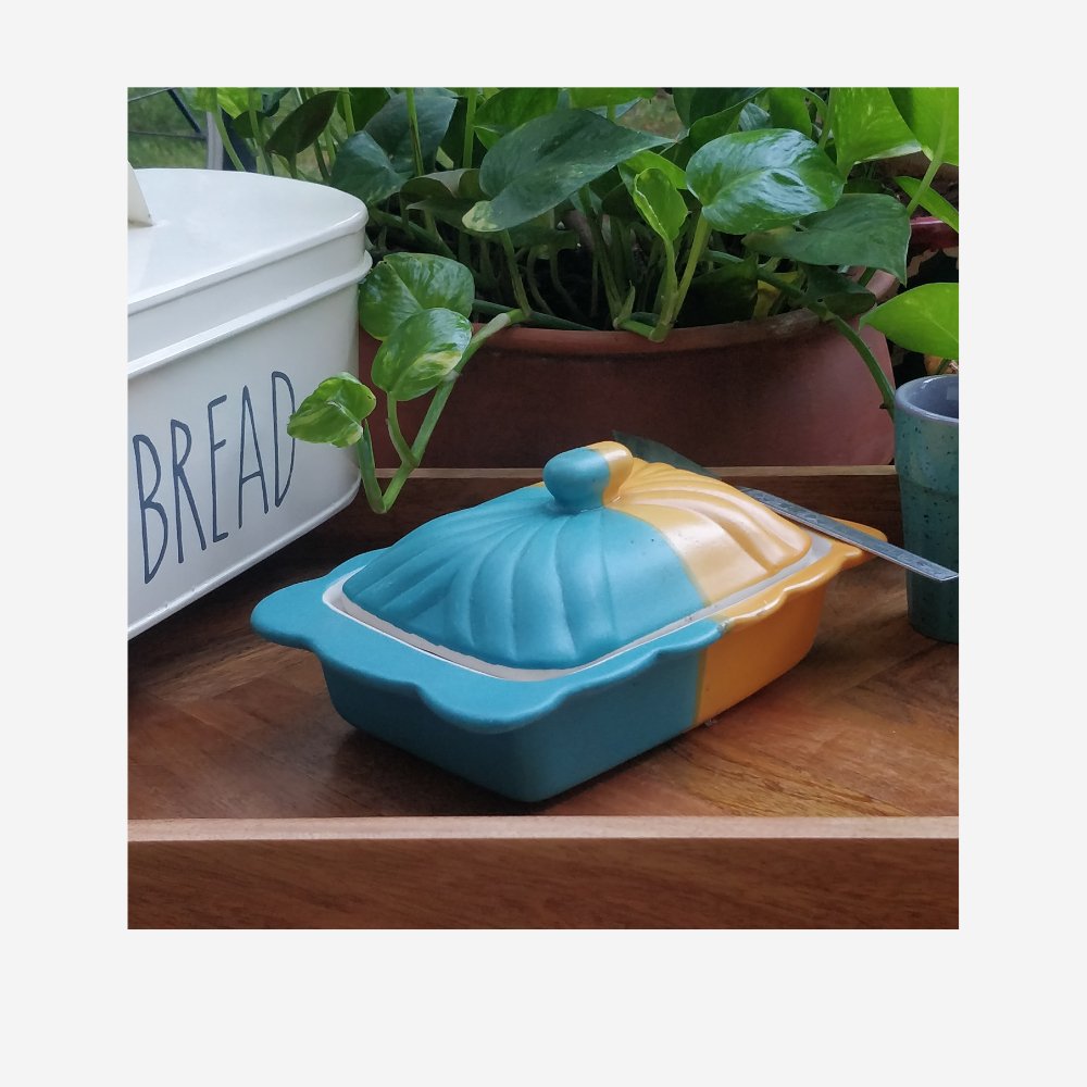 Stoneware Ceramic White and Turquoise Butter Pot - Kreate- Serveware