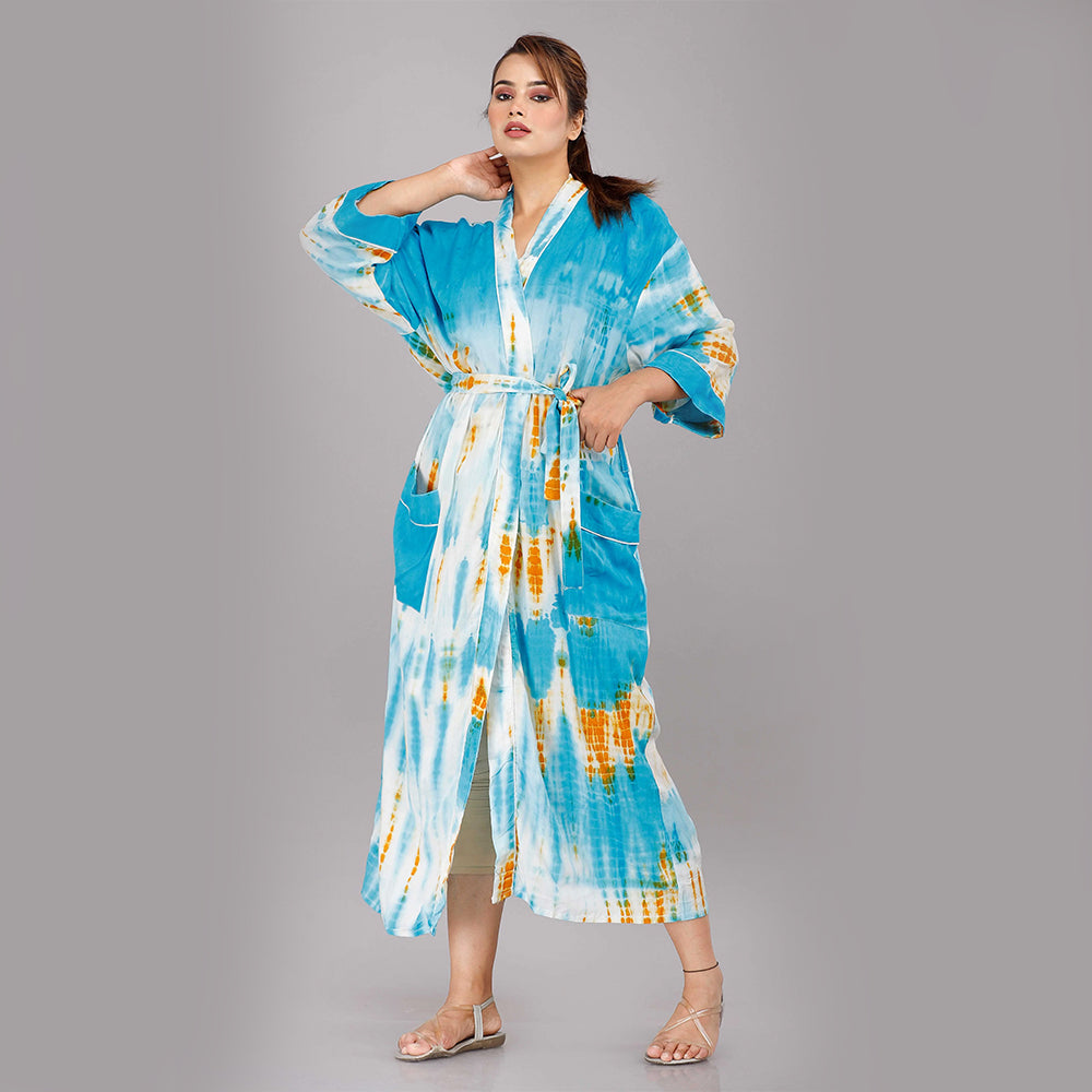 Tie Dye Pattern Kimono Robe Long Bathrobe For Women (Blue)