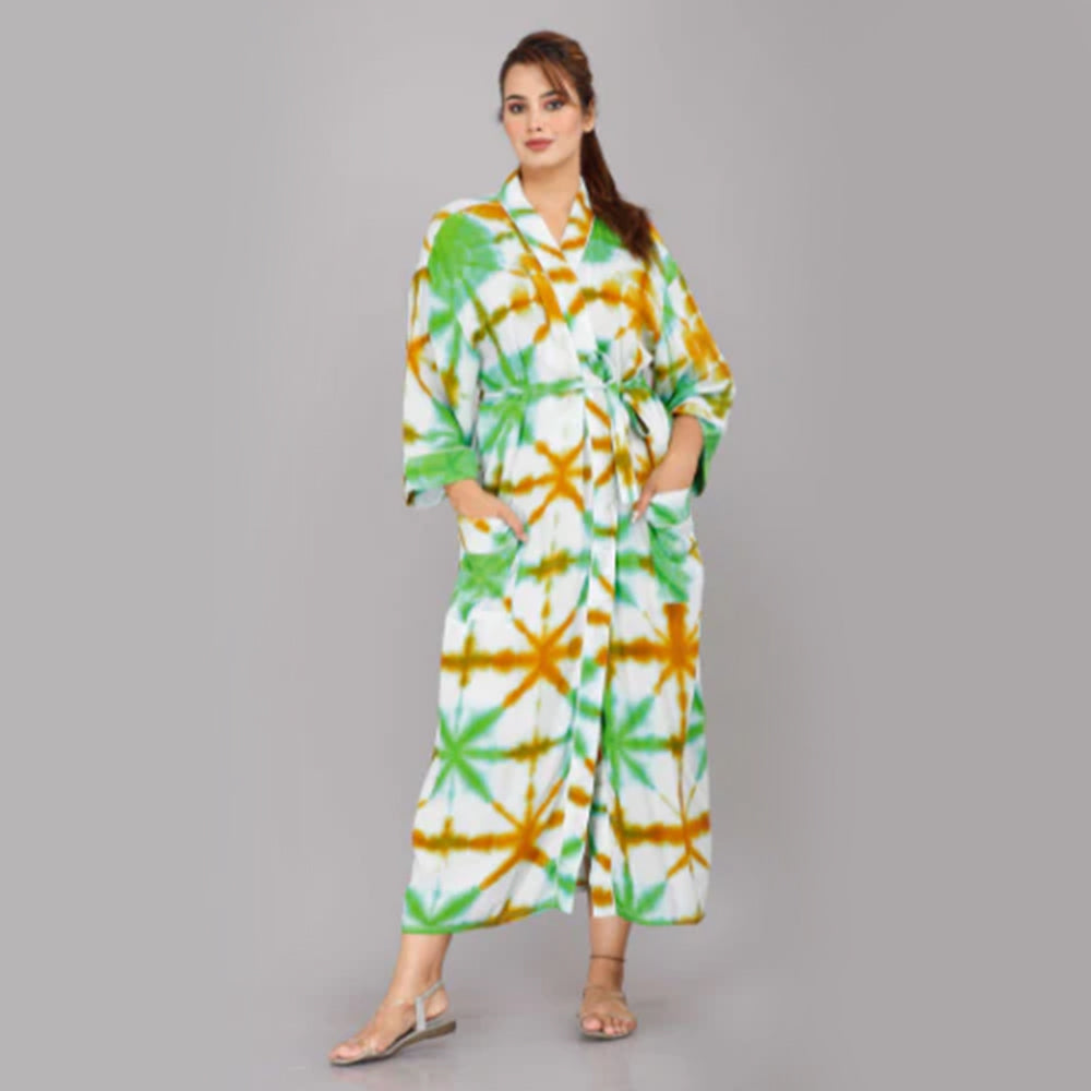 Tie Dye Pattern Kimono Robe Long Bathrobe For Women (Green)
