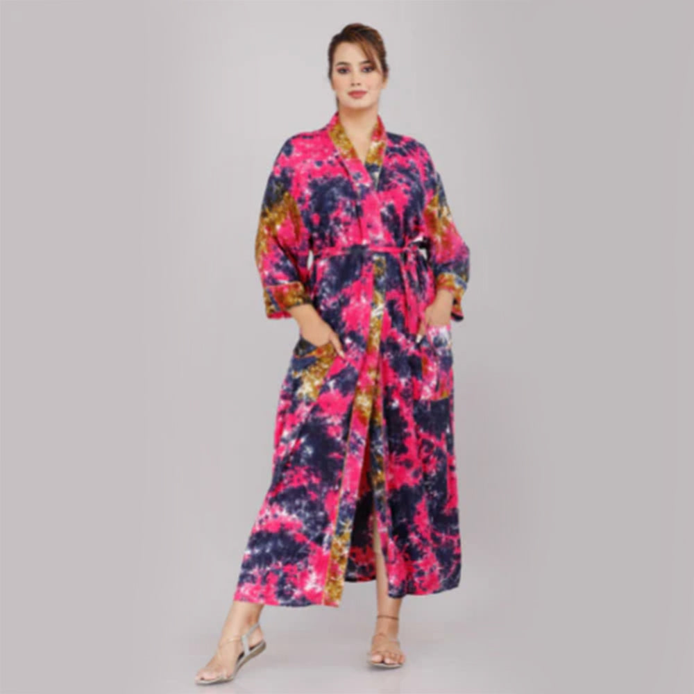 Tie Dye Pattern Kimono Robe Long Bathrobe For Women (Multi)