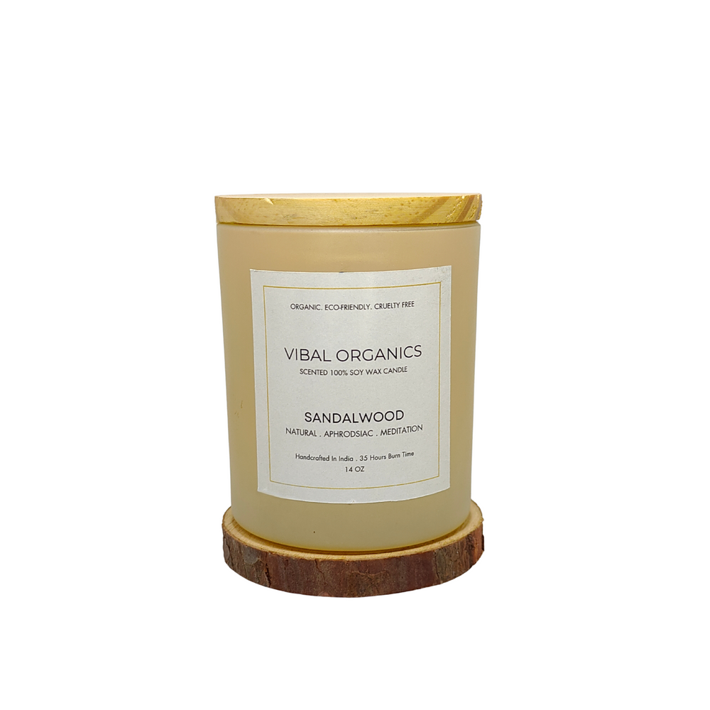 Vibal Organics Sandalwood Scented Candle in a frosted glass jar with wooden lid, 100% soy wax, smokeless and non-toxic, perfect for home decor and aromatherapy, hand-poured for a long-lasting burn up to 45 hours.