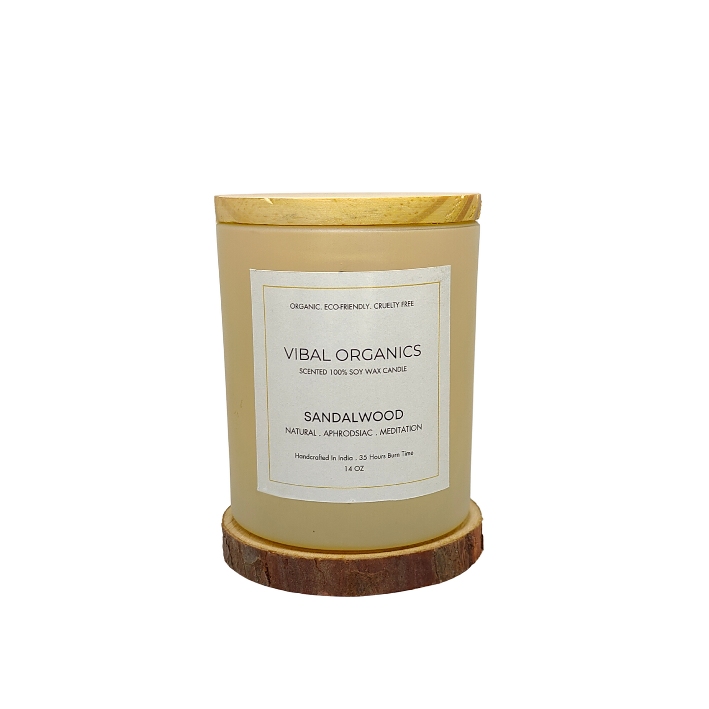 Vibal Organics Sandalwood Scented Candle in a frosted glass jar with wooden lid, 100% soy wax, smokeless and non-toxic, perfect for home decor and aromatherapy, hand-poured for a long-lasting burn up to 45 hours.