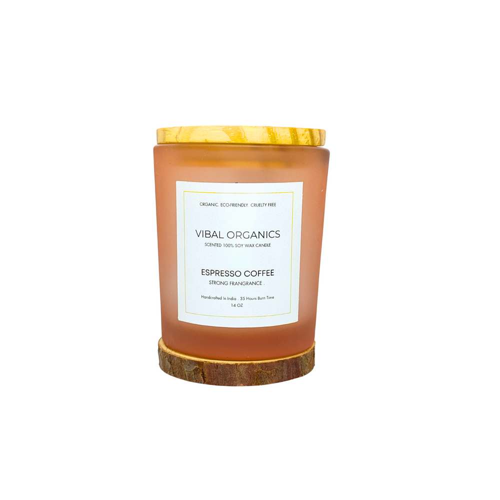 Vibal Organics Espresso Coffee Scented Candle in an amber glass jar with a wooden lid, designed for home decor and aromatherapy, 100% soy wax, smokeless, non-toxic, and long-burning.