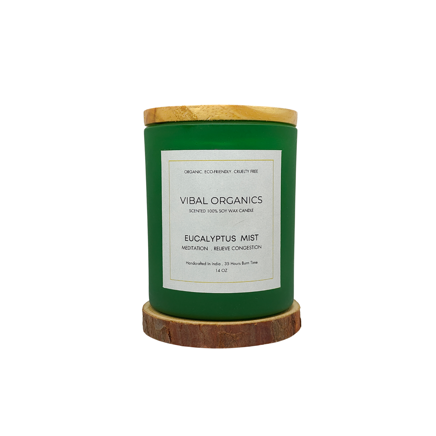 Vibal Organics Eucalyptus Mist Scented Candle in a green jar with wooden lid, labeled as organic and eco-friendly, perfect for home decor and aromatherapy. Handcrafted, smokeless, non-toxic, and made with 100% soy wax for up to 45 hours of burn time.