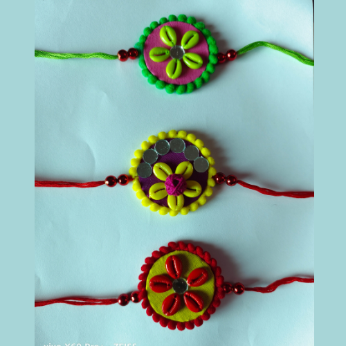 Handcrafted Beautiful Fabric Rakhi For Brother And Bhabi (Set of 3)