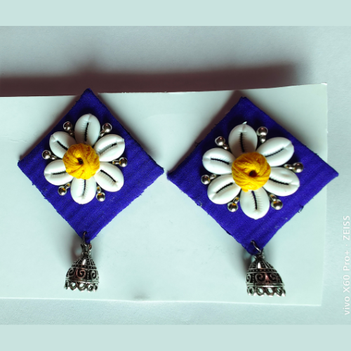 Enchanting Fabric Blue Base White Flower Earring