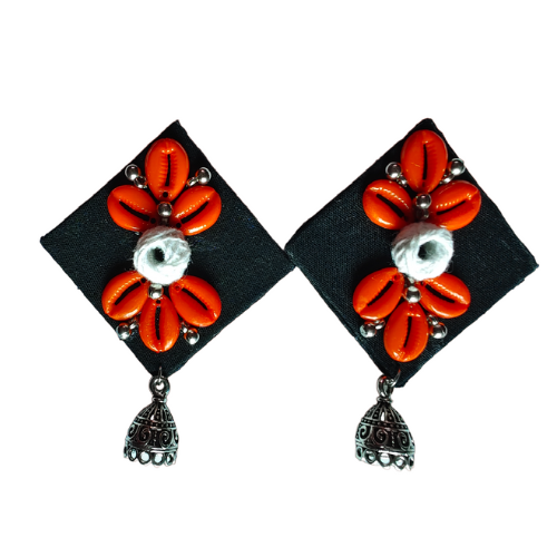 Handcrafted Black Base Red Flower Fabric Flower Earrings