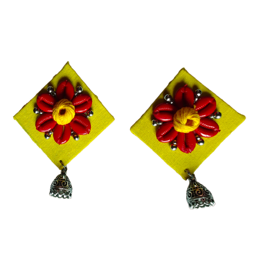 Handmade Yellow Base Red Flower Fabric Flower Earrings