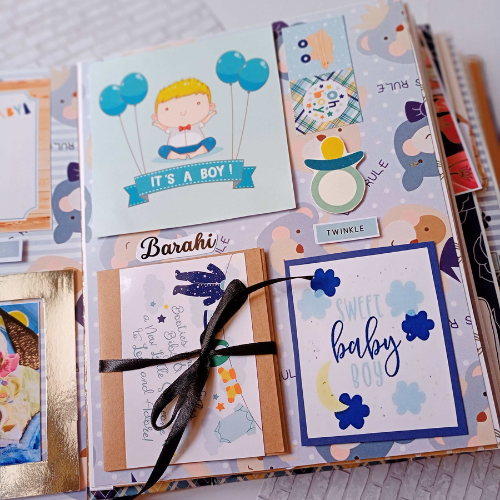 
                  
                    Baby boy scrapbook in brown and blue | baby album personalised with photos
                  
                