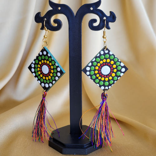 Wooden Dot Mandala earrings with tassel