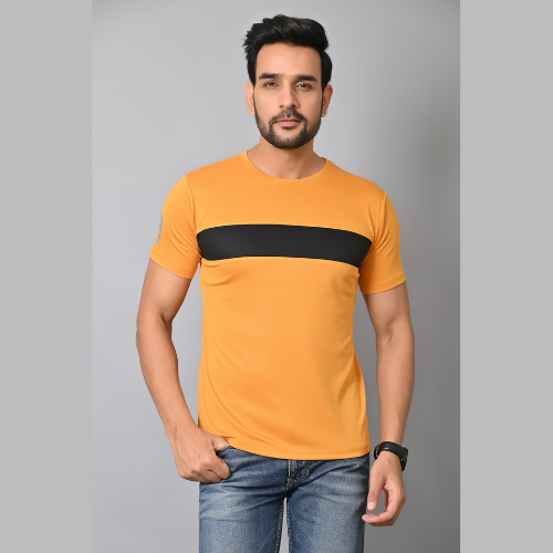Burundi Blu Stripe Half Sleeves T-Shirt Gym/Active Wear- Mustard, Pack of 1
