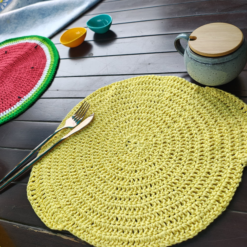 
                  
                    Lemon Crochet Table Mat – 12.5" Round Citrus Placemat - Handmade
                  
                