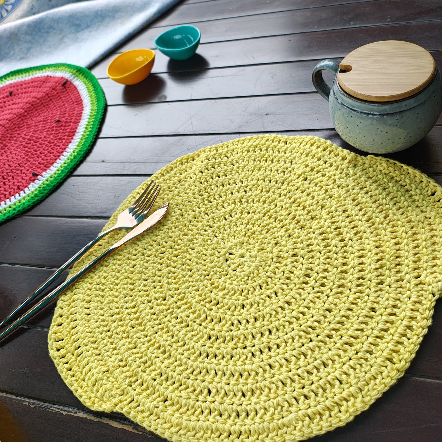 
                  
                    Lemon Crochet Table Mat – 12.5" Round Citrus Placemat - Handmade
                  
                
